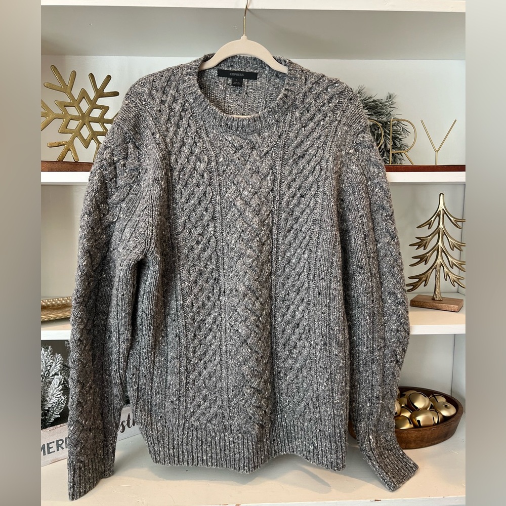 Wool Blend Fisherman Cable Knit Sweater Gray Size Large